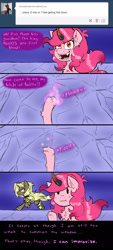 Size: 950x2100 | Tagged: safe, artist:ichibangravity, king sombra, pinkie pie, oc, earth pony, pony, unicorn, :i, ask king sombra pie, possessed, triste savoir, tumblr