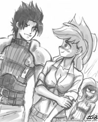 Size: 800x1000 | Tagged: safe, artist:johnjoseco, applejack, fluttershy, human, applerack, blushing, breasts, clothes, crossover, final fantasy, final fantasy vii, front knot midriff, grayscale, humanized, jealous, midriff, monochrome, sweater, sweatershy, zack fair, zapplejack