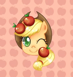 Size: 824x876 | Tagged: safe, artist:dun, applejack, earth pony, pony, apple, head, obligatory apple, one eye closed, pixiv, solo