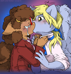 Size: 950x1000 | Tagged: safe, artist:kaemantis, derpy hooves, oc, oc:trissie, anthro, pegasus, anguished declaration of love, blushing, canon x oc, clothes, coat, crying, female, females only, glasses, gradient background, kissing, lesbian, shipping