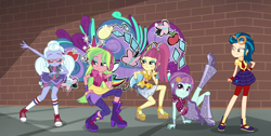 Size: 1776x894 | Tagged: safe, artist:limedazzle, artist:themexicanpunisher, edit, edited screencap, screencap, indigo zap, lemon zest, sour sweet, sugarcoat, sunny flare, dance magic, equestria girls, spoiler:eqg specials, boots, brick wall, clothes, converse, ear piercing, earring, eyes closed, female, glasses, high heelboots, jewelry, piercing, shadow five, shoes, skirt, socks