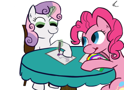 Size: 1366x995 | Tagged: safe, artist:thepankpoet, pinkie pie, sweetie belle, earth pony, pony, drawing, female, mare, pink coat, pink mane