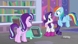 Size: 1920x1080 | Tagged: safe, screencap, rarity, starlight glimmer, pony, unicorn, the end in friend, book, boots, glitter boots, magic, shoes