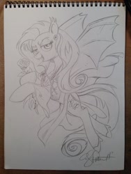 Size: 600x800 | Tagged: safe, artist:andypriceart, fluttershy, cape, clothes, ear fluff, earring, flutterbat, locket, monochrome, pencil drawing, rose, shoes, solo, traditional art