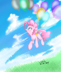 Size: 2200x2600 | Tagged: safe, artist:xcopyen002, pinkie pie, earth pony, pony, balloon, sky, solo, then watch her balloons lift her up to the sky