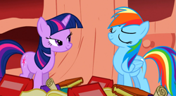 Size: 1099x597 | Tagged: safe, derpibooru import, screencap, rainbow dash, twilight sparkle, unicorn twilight, pegasus, pony, unicorn, sonic rainboom (episode), book, duo, lidded eyes