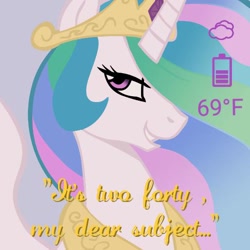 Size: 512x512 | Tagged: safe, princess celestia, alicorn, pony, android wear, clock, looking at you, smartwatch, smirk, time, watchface