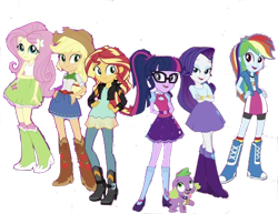 Size: 489x378 | Tagged: safe, artist:php77, derpibooru import, editor:php77, applejack, fluttershy, rainbow dash, rarity, sci-twi, spike, spike the regular dog, sunset shimmer, twilight sparkle, dog, equestria girls, spoiler:eqg specials, boots, clothes, compression shorts, cowboy hat, denim skirt, glasses, hat, mary janes, ponytail, shoes, shorts, simple background, skirt, socks, stetson, tanktop, transparent background