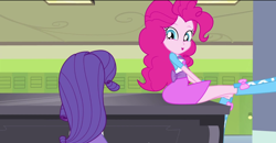 Size: 1600x835 | Tagged: safe, screencap, pinkie pie, rarity, equestria girls, player piano, rainbow rocks, boots, clothes, cute, high heel boots, lockers, piano, pinkie on a piano, raised leg, skirt