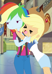 Size: 413x591 | Tagged: safe, artist:xfaithyhedgefoxx, derpibooru import, applejack, rainbow dash, equestria girls, :<, appledash, female, freshman fair, lesbian, shipping