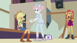 Size: 1272x716 | Tagged: safe, screencap, applejack, nurse redheart, sunset shimmer, better together, choose your own ending, constructive criticism, equestria girls, bandage, broken hand, first aid kit, injured, nurse purpleheart, shoes, sneakers