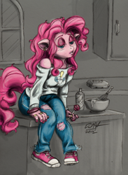 Size: 900x1229 | Tagged: safe, artist:cskairi, artist:flameshadow117, pinkie pie, anthro, kitchen, lollipop, nail polish, sitting, solo