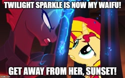 Size: 664x414 | Tagged: safe, edit, edited screencap, screencap, sunset shimmer, tempest shadow, pony, unicorn, my little pony: the movie, anti-shipping, eye scar, female, image macro, impact font, implied lesbian, implied shipping, implied sunsetsparkle, implied tempestlight, mare, meme, open up your eyes, scar, waifu, waifu thief