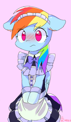 Size: 1377x2365 | Tagged: safe, artist:yunyeyoung, derpibooru import, rainbow dash, pegasus, pony, bipedal, blushing, bow, clothes, cute, dashabetes, female, floppy ears, maid, mare, no pupils, pink background, rainbow dash always dresses in style, simple background, solo