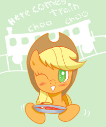 Size: 500x600 | Tagged: safe, artist:joycall6, applejack, earth pony, pony, looking at you, one eye closed, solo, soup, train, wink