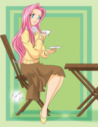 Size: 2153x2786 | Tagged: safe, artist:shinta-girl, fluttershy, human, chair, clothes, female, humanized, shoes, sitting, skirt, solo, sweater, sweatershy, table, tea, teacup