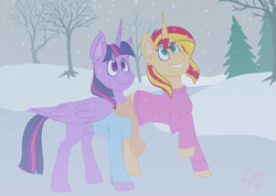 Size: 1024x729 | Tagged: safe, artist:dietzombiebait, sunset shimmer, twilight sparkle, twilight sparkle (alicorn), alicorn, clothes, female, lesbian, looking up, scarf, shipping, smiling, snow, snowfall, spruce, sunsetsparkle, sweater, tree, winter