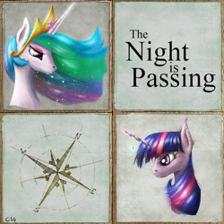 Size: 1400x1400 | Tagged: safe, artist:akurion, princess celestia, twilight sparkle, alicorn, pony, fanfic:the night is passing, bust, compass rose, cover, cover art, eyeshadow, fanfic art, fanfic cover, horn jewelry, jewelry, link in description, makeup, piercing, shiny, signature, text, the night is passing