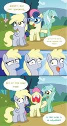 Size: 1277x2379 | Tagged: safe, artist:t-3000, bon bon, derpy hooves, lyra heartstrings, sweetie drops, blank flank, comic, filly, origins, twisted bon bon, younger