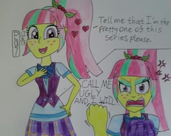 Size: 1004x796 | Tagged: safe, artist:malevolentsamson, artist:psygcosis507, sour sweet, equestria girls, angry, bipolar, heart, solo, sour rage, traditional art