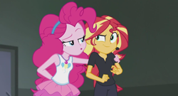 Size: 1366x735 | Tagged: safe, screencap, pinkie pie, sunset shimmer, all the world's off stage, all the world's off stage: pinkie pie, equestria girls, equestria girls series, :o, armpits, best friends, bff, black pants, black shirt, cute, cutie mark, diapinkes, earpiece, geode of sugar bombs, grin, hairband, hand on shoulder, jewelry, looking at each other, necklace, rah rah skirt, raised eyebrow, shimmerbetes, sleeveless, tanktop