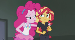 Size: 1366x735 | Tagged: safe, screencap, pinkie pie, sunset shimmer, all the world's off stage, all the world's off stage: pinkie pie, better together, equestria girls, :o, armpits, best friends, bff, black pants, black shirt, cute, cutie mark, diapinkes, earpiece, geode of sugar bombs, grin, hairband, hand on shoulder, jewelry, looking at each other, necklace, rah rah skirt, raised eyebrow, shimmerbetes, sleeveless, tanktop