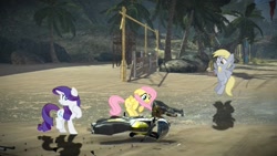 Size: 1024x576 | Tagged: safe, derpy hooves, fluttershy, rarity, pegasus, pony, unicorn, female, mare, motorstorm, oops, photoshop, video game