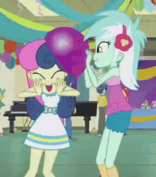 Size: 360x408 | Tagged: safe, screencap, bon bon, flash sentry, lyra heartstrings, microchips, snails, sunset shimmer, sweetie drops, better together, equestria girls, happily ever after party, happily ever after party: rarity, adorabon, amused, animated, balloon, bon bon is amused, cute, eyes closed, female, grin, laughing, lyra is amused, lyrabetes, open mouth, party, rubbing, shipping fuel, smiling
