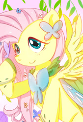 Size: 1181x1748 | Tagged: safe, artist:daikoku, fluttershy, butterfly, pegasus, pony, clothes, dress, gala dress, pixiv, solo