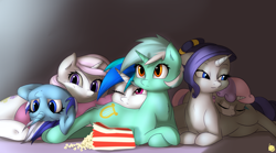 Size: 2700x1500 | Tagged: safe, artist:captainpudgemuffin, dj pon-3, fleur-de-lis, lyra heartstrings, minuette, rarity, sweetie belle, vinyl scratch, pony, unicorn, alternate hairstyle, cuddle puddle, cuddling, cute, diasweetes, fleurabetes, lyrabetes, minubetes, on back, on side, pony pile, popcorn, raribetes, smiling, underhoof, vinylbetes, wink