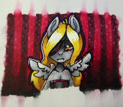 Size: 846x733 | Tagged: safe, artist:ferrettea, derpy hooves, anthro, clothes, copic, dress, red, sad, traditional art