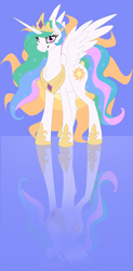 Size: 1024x2076 | Tagged: safe, artist:bloodgoldwings, princess celestia, alicorn, pony, female, horn, mare, multicolored mane, reflection, solo, white coat