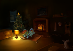 Size: 1920x1350 | Tagged: safe, artist:scootiebloom, derpibooru import, rainbow dash, pegasus, pony, book, christmas tree, fireplace, reading, solo, tree