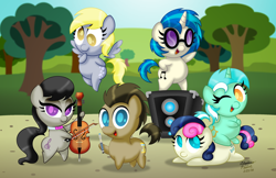 Size: 1600x1035 | Tagged: safe, artist:aleximusprime, bon bon, derpy hooves, dj pon-3, doctor whooves, lyra heartstrings, octavia melody, sweetie drops, vinyl scratch, earth pony, pegasus, pony, unicorn, background six, bass cannon, cello, chibi, doctor who, female, male, mare, musical instrument, sonic screwdriver, stallion