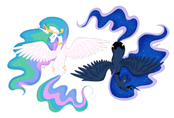 Size: 2969x2020 | Tagged: safe, artist:pvrii, princess celestia, princess luna, alicorn, pony, both cutie marks, eyes closed, female, mare, simple background, spread wings, transparent background