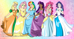 Size: 2816x1500 | Tagged: safe, artist:chibi-warmonger, artist:madam-marla, derpibooru import, applejack, fluttershy, pinkie pie, rainbow dash, rarity, twilight sparkle, human, clothes, dark skin, disney princess, dress, humanized, mane six