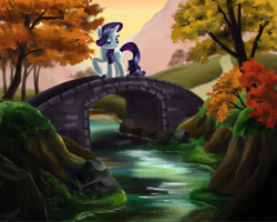 Size: 1341x1075 | Tagged: safe, artist:marcylin1023, rarity, pony, unicorn, autumn, bridge, forest, raised hoof, river, scenery, solo, stream