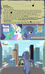 Size: 2000x3300 | Tagged: safe, artist:mlp-silver-quill, princess celestia, oc, oc:clutterstep, alicorn, earth pony, pony, comic:imani, boltston, butt, city, comic, cutie mark, female, letter, levitation, magic, male, mare, plot, scroll, stallion