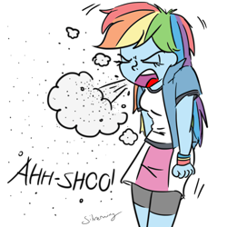 Size: 1500x1500 | Tagged: safe, artist:rainberry, artist:silverwing, artist:sudosnz, derpibooru import, rainbow dash, equestria girls, sneeze cloud, sneezing, solo, spray