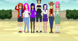 Size: 1600x848 | Tagged: safe, derpibooru import, applejack, fluttershy, pinkie pie, rainbow dash, rarity, twilight sparkle, oc, human, canon x oc, group photo, high heels, humanized, kisekae, mane six, shoes