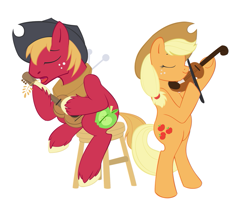 Size: 713x582 | Tagged: safe, artist:tenchi-outsuno, applejack, big macintosh, earth pony, pony, bipedal, fiddle, guitar