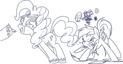 Size: 1280x673 | Tagged: safe, artist:stoic5, derpibooru import, pinkie pie, rainbow dash, earth pony, pegasus, pony, angry, monochrome, rage, sketch, smiling, wonderbolts uniform