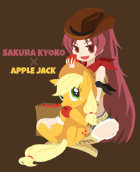 Size: 1154x1422 | Tagged: safe, artist:kinsuke43, applejack, human, apple, crossover, cute, eating, fangs, long hair, on back, open mouth, pixiv, puella magi madoka magica, sakura kyouko, sitting, smiling