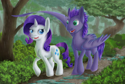 Size: 1023x682 | Tagged: safe, rarity, oc, oc:kydose, pegasus, pony, unicorn, canon x oc, love, rain, raridose, shipping, walking, wing umbrella