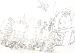 Size: 900x639 | Tagged: safe, artist:simbaro, fluttershy, pegasus, pony, background pony, building, cart, lineart, mlp online, ponyville, slice of life, traditional art, wagon