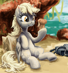 Size: 686x735 | Tagged: safe, artist:da-exile, derpy hooves, pegasus, pony, beach, eating, female, food, mare, muffin, puffy cheeks, saddle bag, solo, that pony sure does love muffins, underhoof