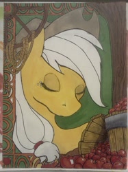 Size: 500x667 | Tagged: safe, artist:sparkafterdark, applejack, earth pony, pony, apple, bust, eyes closed, portrait, rope, solo, traditional art