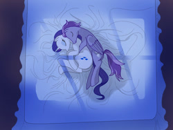 Size: 1024x768 | Tagged: safe, rarity, oc, oc:kydose, pegasus, pony, unicorn, bed, canon x oc, cuddling, love, raridose, shipping, sleeping, snuggling