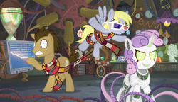 Size: 1024x588 | Tagged: safe, artist:pixelkitties, derpy hooves, doctor whooves, minuette, roseluck, sweetie belle, sweetie bot, pegasus, pony, robot, 3d glasses, ccg, clothes, cyberbelle, doctor who, enterplay, female, glasses, mare, merchandise, scarf, tardis, weeping angel