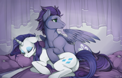 Size: 1000x644 | Tagged: safe, artist:mr-tiaa, rarity, oc, oc:kydose, pegasus, pony, unicorn, bed, canon x oc, cuddling, curtains, female, love, male, raridose, rearity, shipping, sleeping, snuggling, straight, waifu